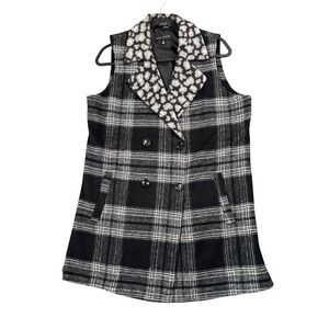 Susan Graver Black Plaid Double Breasted Vest Animal Print Collar Modern Chic MP